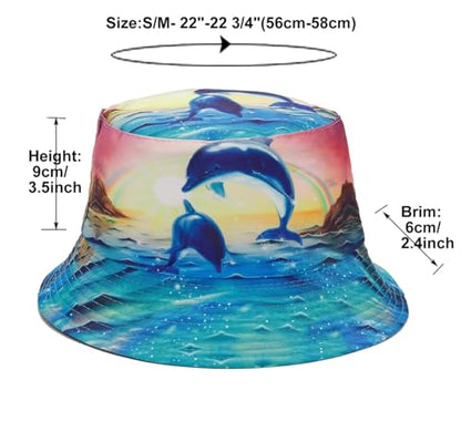 Quanhaigou Bucket Hat for Men Women,Packable Reversible Printed Sun Hats,Fisherman Outdoor Summer Travel Hiking Beach Caps - color: Dolphin Ocean