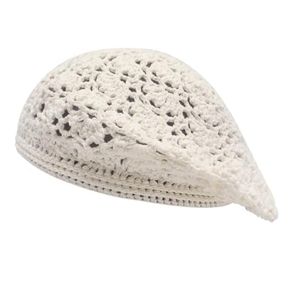 ZLYC Women Cotton Slouchy Crochet Beret Handmade Cutout Floral Beanie Hat - color: Crocheted White