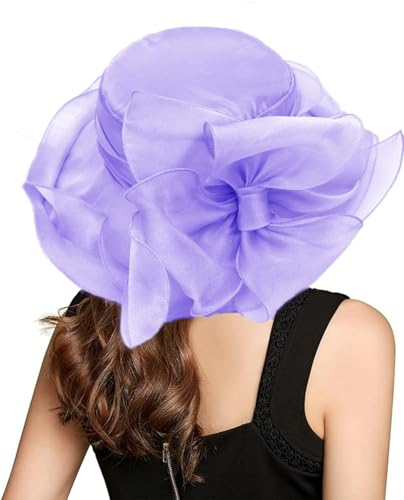 Organza Fascinator Hat - Women’s Wide Brim Church Bridal Tea Party Wedding Hat - color: 01a-light Purple