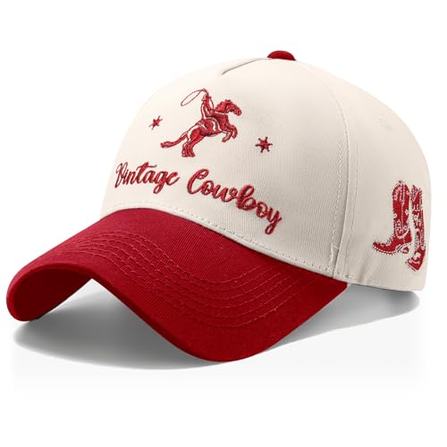 JaGely Two Tone Western Cowboy/Cowgirl Trucker Hat for Women Men Gift Vintage Embroidered Country Baseball Cap - color: Wine Red, style: Vintage Cowboy