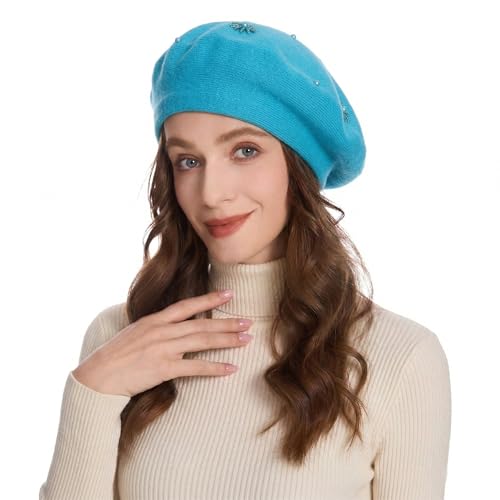 ZLYC Women French Beret Hat Reversible Knit Thickened Warm Artist Cap - color: Plain Blue