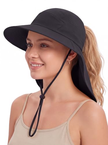 Connectyle UPF 50+ Sun Hat with Neck Flap Wide Brim Bucket Hats Breathable Fishing Hiking Gardening Safari Hat for Men Women - color: Black