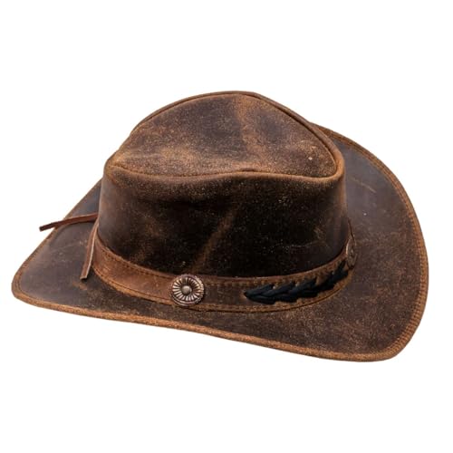 Brown Vintage Leather Cowboy Hat, Western Rodeo Outback Wide Brim Hat for Men & Women - size: Large