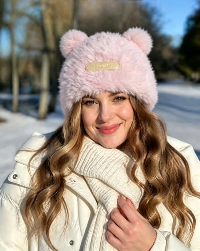 Cute Fuzzy Bear Ears Beanie Hat with Pompom Women's Furry Beanie - color: Pink