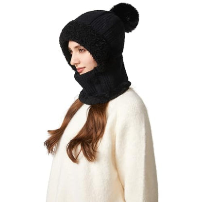 HUAMULAN Women Cable Knit Balaclavas Winter Fleece Lined Beanie Hat - color: Solid Black