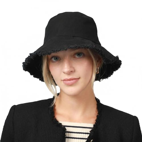 CHOK.LIDS Frayed Bucket Hat Washed Cotton Floppy Wide Brim Boonie Cap - color: Black