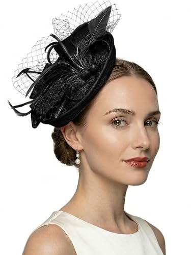 Women Fascinators Hats Tea Party Headband Hair Clip Feathers Hat for Wedding Cocktail Party - color: Black