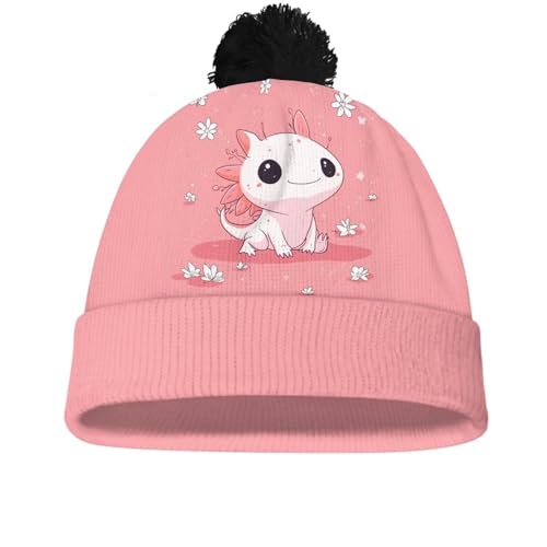 Girls Boys Winter Warm Knit Beanie Pompom Elasticity Slouchy Hat Skull Caps for Childrens - color: Axolotl