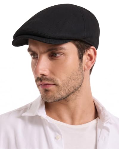 ZLYC Men Cotton Flat Cap Summer Scally Newsboy Beret Driver Hat - color: Plain Black