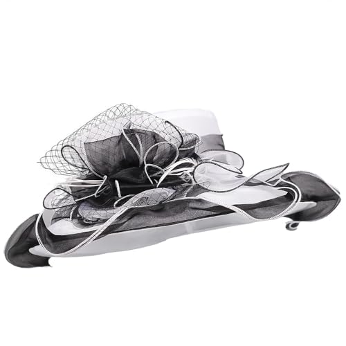 Kentucky Organza Derby Top Hats for Women Sun Visor Cap Ladies Flowers Bride Weeding Fascinators Wide Brim Fedoras - color: Black and White