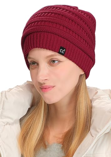 C.C Beanie Oversized Hat with Fuzzy Lining – Thick Knit Thermal Beanie for Cold Weather, Soft Warm Fleece Lined Cap - color: Burgundy