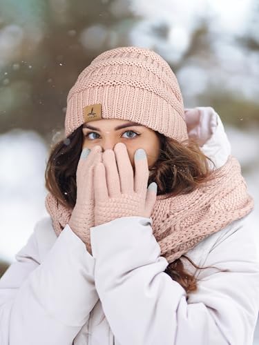 LOROME Winter Beanie Hat Scarf Gloves, Warm Fleece Knit Neck Scarf Set Gift - color: Indi Pink