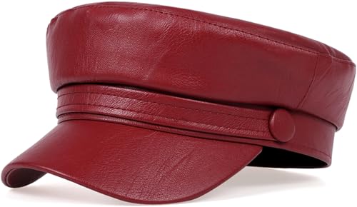 Women PU Leather Newsboy Cap Vintage Military Flat Top Beret Style Hat - color: Wine Red