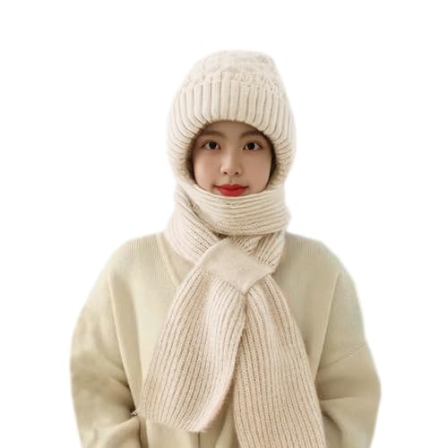 Women Winter Warm Elastic Soft Ear Protection Knitted Scarf Hat Fleece Lined Beanie Hat - color: Beige