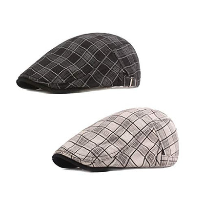 Men's Plaid Striped Newsboy Ivy Flat Driving Golf Cap - color: 1975 Black+white