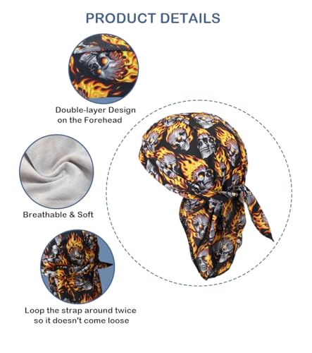 Sweat Wicking Do Rags Skull Caps, Cooling Hip Hop Hat, Beanie Durag Motorcycle Head Wrap Doo Rag Liner for Men Women - color: Fire Skull