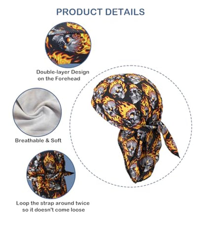 Sweat Wicking Do Rags Skull Caps, Cooling Hip Hop Hat, Beanie Durag Motorcycle Head Wrap Doo Rag Liner for Men Women - color: Fire Skull