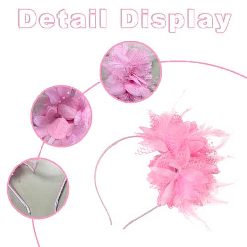 Elegant Fascinator Hat with Feather Pearl & Veil Tea Party Headband for Weddings Cocktail Parties & Dressy Outfits（Pink）