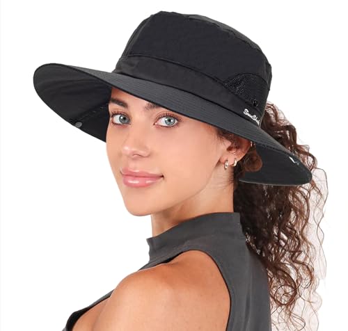 Womens Summer Sun Hat Beach Hat Wide Brim Outdoor UV Protection Bucket Hat - color: Solid Black