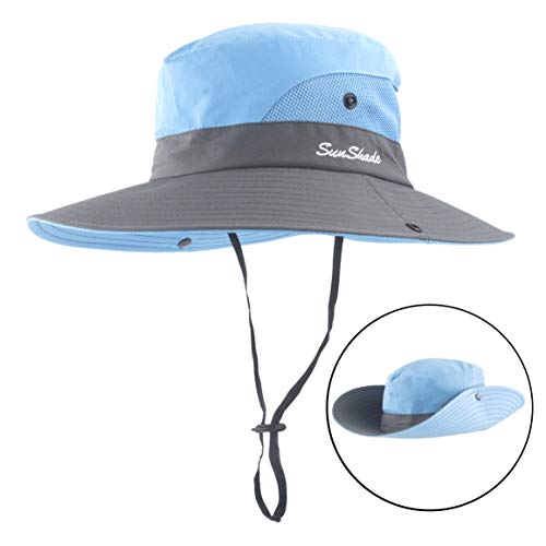 Muryobao Women's Ponytail Sun Hat UV Protection Foldable Mesh Wide Brim Beach Fishing Hat - color: Sky Blue