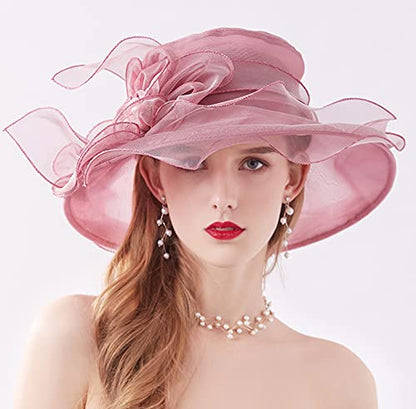 Women Organza Kentucky Hat Fascinator Tea Party Derby Hat Feather Wedding Church Head Ornament Sun Hats - color: 018-pink Purple