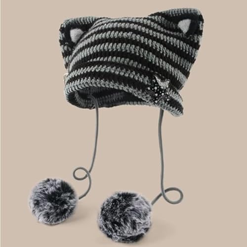 Women Kawaii Cat Ear Beanie Hat with Star Pom Poms Y2K Cute Crochet Goth Grunge Emo Alt Accessories Knit Slouchy Hat - color: Black Grey