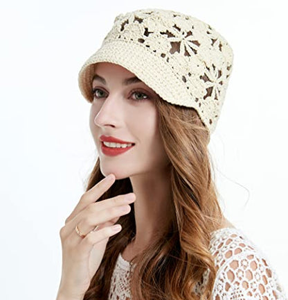 ZLYC Women Summer Slouchy Crochet Hat Handmade Cutout Skull Cap with Visor - color: Plain Beige, size: One Size