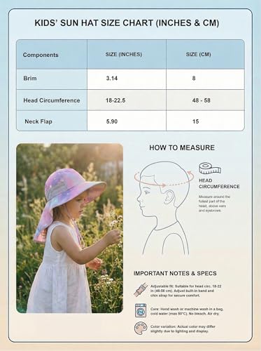 icolor Kids Sun Hat UPF50+ Sun Protection Bucket Hat Toddler Summer Beach Play Hats with Neck Flap for Girl Boy Ages 3~10 - color: Pinkstarry
