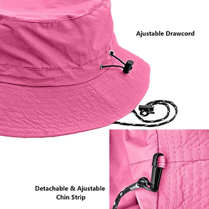 woogwin Waterproof Bucket Rain Hat with Chin Strap Quick Dry Packable Boonie Sun Hat Safari Hat UV Protection - color: Rose
