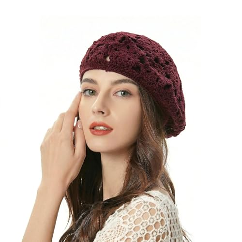 ZLYC Women Cotton Slouchy Crochet Beret Handmade Cutout Floral Beanie Hat - color: Floral Burgundy