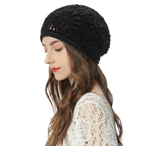 ZLYC Women Cotton Crochet Slouchy Beanie Hat Handmade Knit Summer Skull Cap - color: Black Knitted