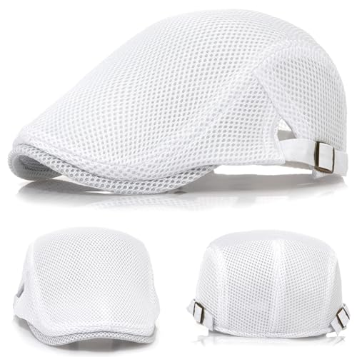 2 Pack Men's Mesh Cap Breathable Summer Newsboy Hat Adjustable Beret Ivy Cap Irish Cabbie Driving Hunting Hats - color: Black/White