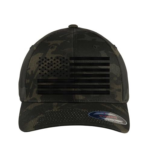 Custom Embroidered America Flag Men and Women Flex 6277 Baseball Hat. - color: Multicam Black, size: Large-X-Large