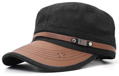 Flat Top Cap for Men Soft Cotton Adjustable Military - color: Black