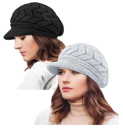 YSense 2 Pack Womens Winter Hats Warm Knit Beanie with Visor - color: Black Light Grey