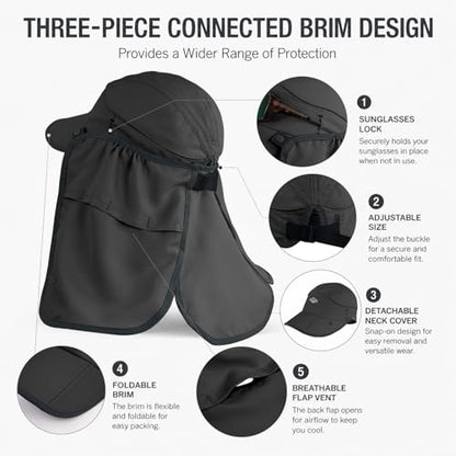 Palmyth Fishing Sun Hat with Detachable Neck Flap UPF 50+ Baseball Cap - color: Dark Grey