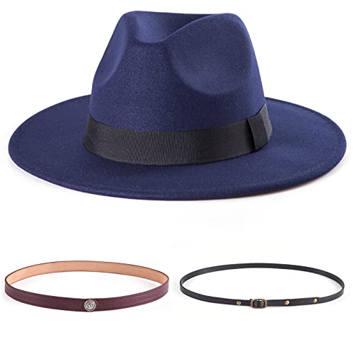 Felt Wide Brim Fedora Hats for Women Men, with Band Belt Buckle, Adjustable - color: P08 Navy