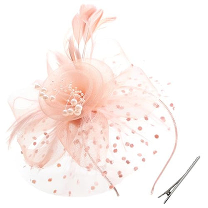 WLBON Fascinators Hat 20s 50s Headband Hair Clips Flower Mesh Veil Feather Headpiece Headwear Women Halloween Carnival Cocktail Wedding Church Cosplay Dress Up Birthday Tea Party Accessories Champagne - color: Champagne Tone