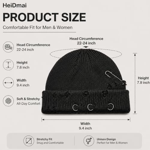 Distressed Ring Beanie Hat for Women Men Slouchy Skull Cap - color: Black