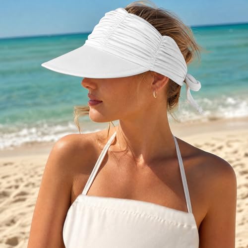 KXF Sun Visors Hat for Women Wide Brim Beach Hat Foldable Visor Hat Cap Ponytail Summer Packable UPF 50+ Adjustable Stretchy - color: White