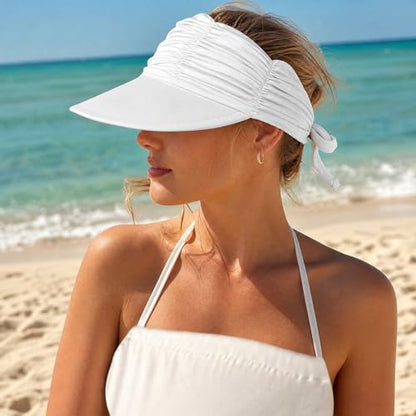 KXF Sun Visors Hat for Women Wide Brim Beach Hat Foldable Visor Hat Cap Ponytail Summer Packable UPF 50+ Adjustable Stretchy - color: White