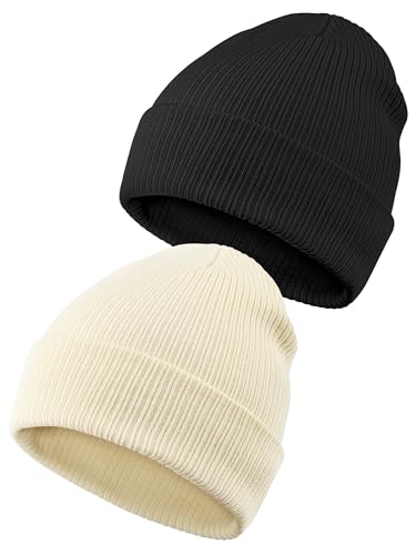 2 Packs Unisex Cotton Beanie Hats Winter Soft Warm Slouchy Knit Beanies Cuffed Skull Cap for Men Women - color: Black, Beige