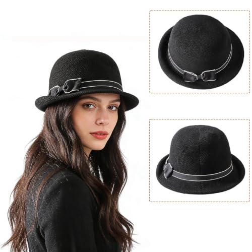 Women Beach Cloche Sun Bucket Hat Rolled Church Hat Folded Shipping - color: Bowknot/Black
