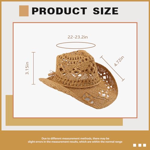 Straw Cowboy Hats for Women Men Western Cowgirl Hat Foldable Wide Brim Cowboy Hat Travel Vacation Beach Sun Hats - color: Khaki