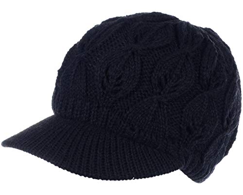 BYOS Womens Winter Chic Cable Warm Fleece Lined Crochet Knit Hat W/Visor Newsboy Cabbie Cap - color: Leafy Black