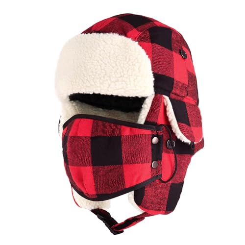 Buffalo Plaid Winter Trapper Hat, Sherpa Lined Ear Flap Hunting Cap Men - color: Buffalo Plaid (Red)
