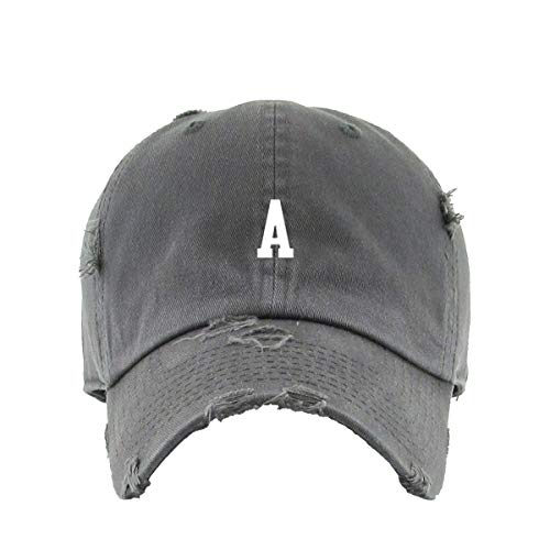 A Initial Letter Vintage Baseball Cap Embroidered Cotton Adjustable Distressed Dad Hat - color: Dark Grey