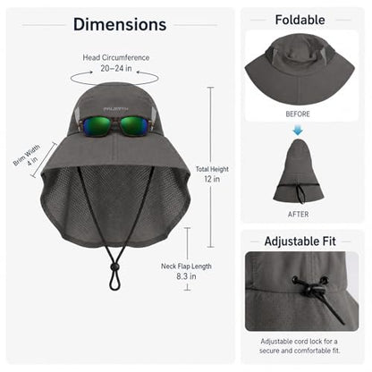 Palmyth Fishing Hat Wide Brim Sun Hat with Neck Flap & Sunglasses Storage - color: Carbon