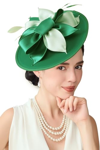 BABEYOND Derby Hats for Women Wide Brim Flower Feather Tea Party Fascinator - color: Dark Green