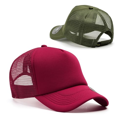 2-Pack Classic Foam Trucker Hat Summer Mesh Hat Lightweight Adjustable Back Buckle Strap - color: Burgundy/Green
